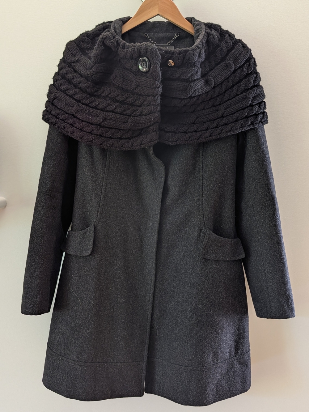 Suka Charcoal Grey Wool Blend Coat Knit Cable Cowl Neck Collar Jacket Size S